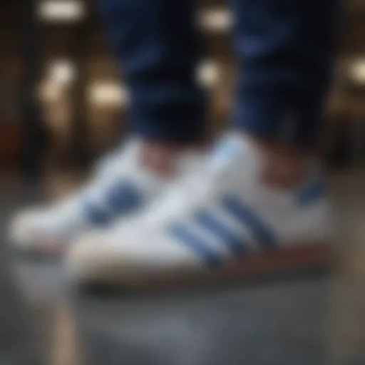 An iconic adidas shoe featuring blue stripes