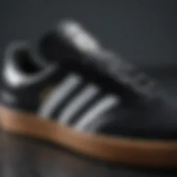 Close-up view of the Adidas Busenitz Pro skate shoes showcasing the unique design elements