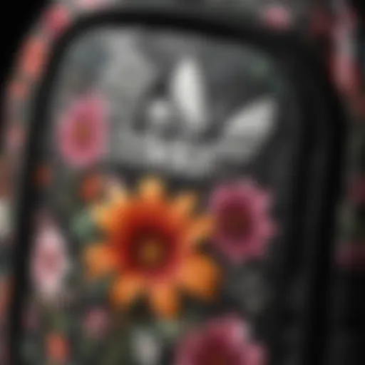 Close-up of the intricate floral patterns on the Adidas backpack
