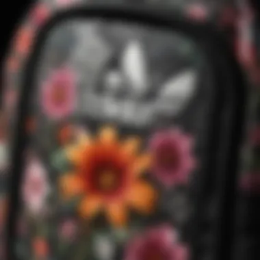 Intricate Floral Patterns Close-up of the intricate floral patterns on the Adidas backpack