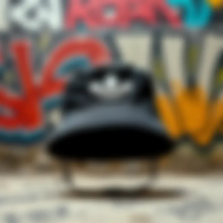 Urban Culture: Adidas Bucket Hat and Graffiti Art The adidas Originals bucket hat displayed against a backdrop of urban graffiti art.