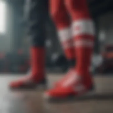 Red and white Adidas socks positioned against a backdrop of extreme sports gear