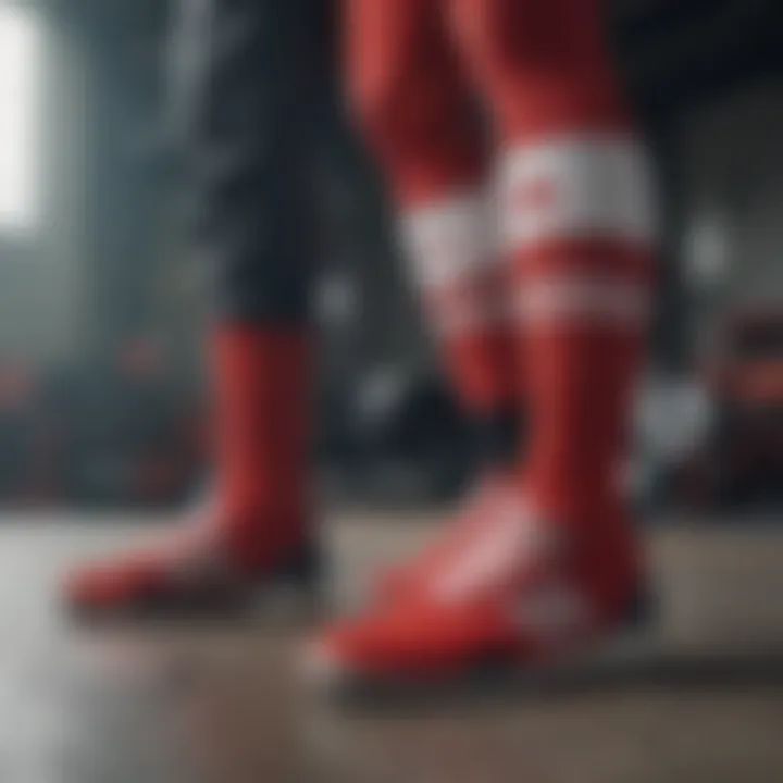 Red and white Adidas socks positioned against a backdrop of extreme sports gear