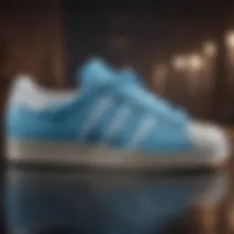 Close-up of Adidas Superstar Light Blue sneaker showcasing intricate design.