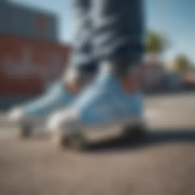 Adidas Superstar Light Blue sneakers on a skateboard, highlighting their connection to extreme sports.