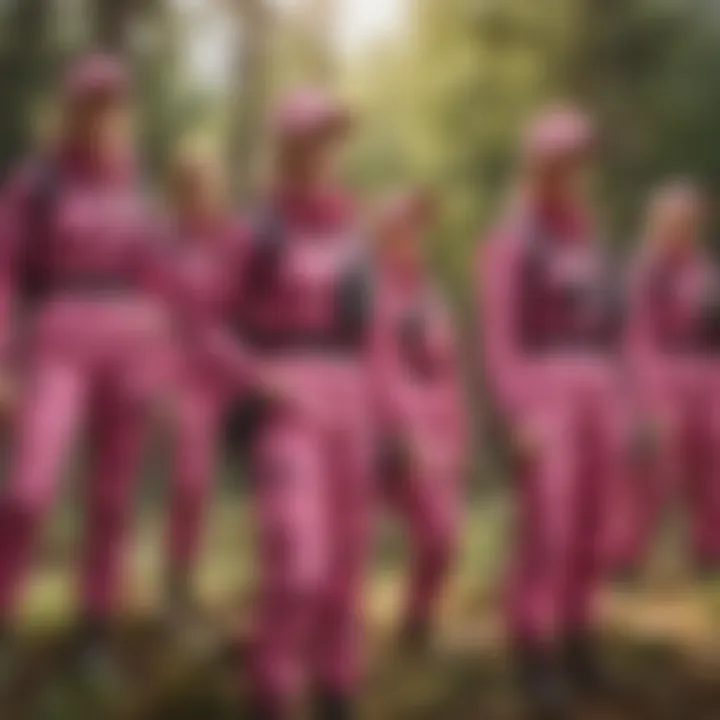 A group of adventure seekers in camouflage pink attire enjoying an outdoor activity