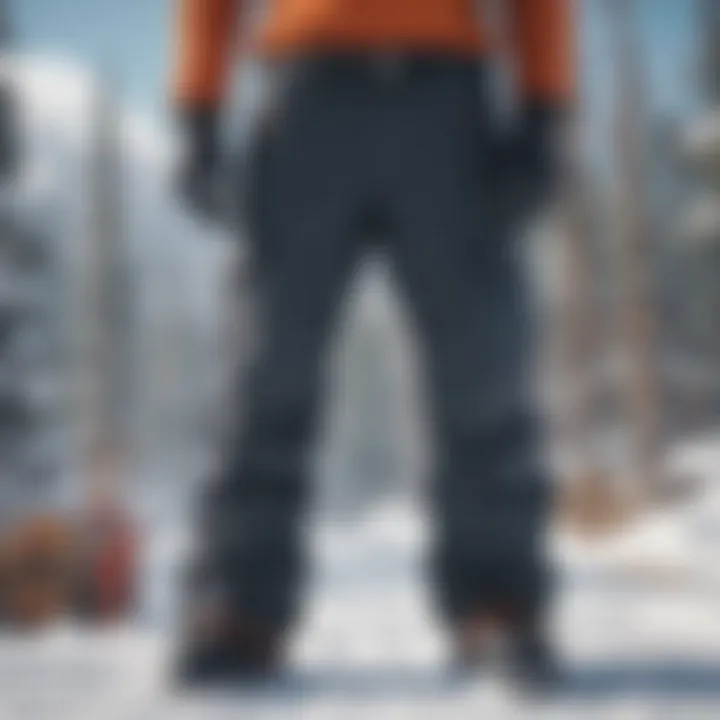 A vibrant selection of snowboarding pants displayed on a snowy background