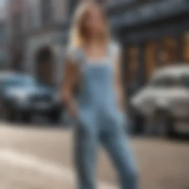 A stylish model wearing light wash overalls in an urban setting