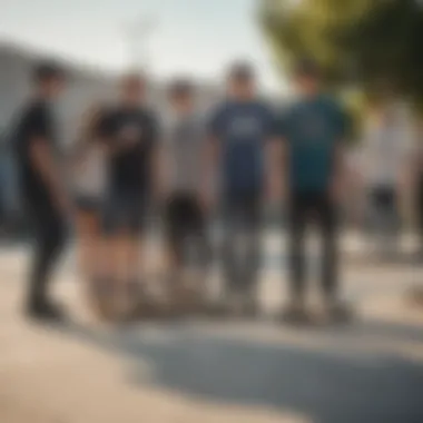 A group of skateboarders socializing and sharing tips at a local skatepark