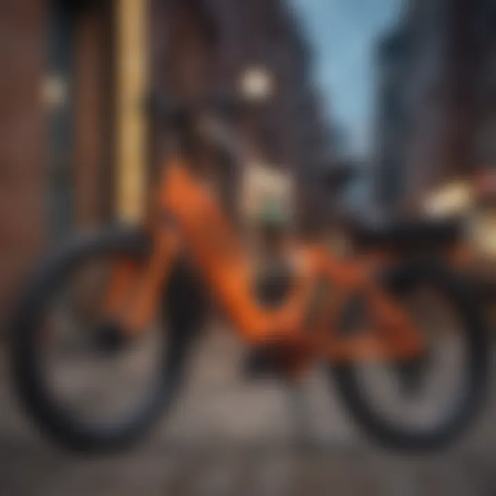 Pedego electric bike positioned against a vibrant urban backdrop.