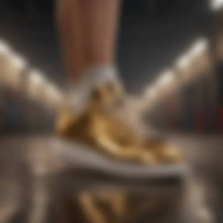 Athlete performing an extreme sport while wearing gold Adidas sneakers