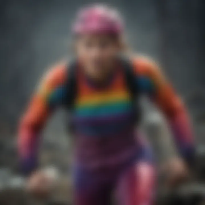 An athlete engaging in an extreme sport, wearing rainbow-themed apparel.