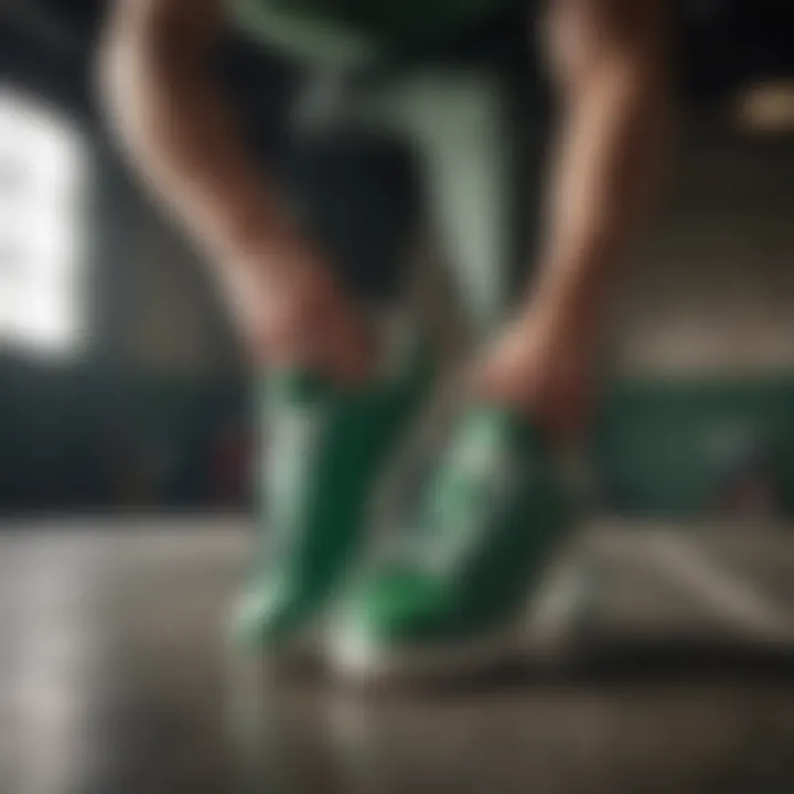 A dynamic shot of an athlete performing a trick while wearing Stan Smith Green sneakers, showcasing their performance aspect.