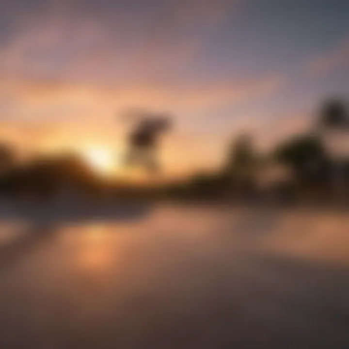 A vibrant skate park at Bali Lapoint with skaters performing tricks against a stunning sunset.