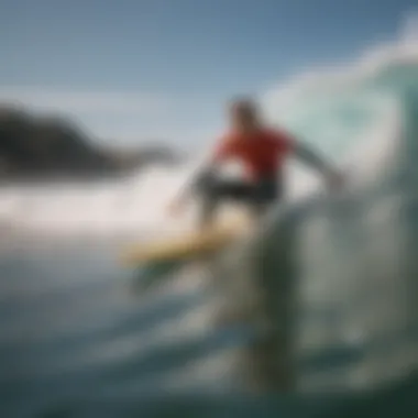 An illustration depicting a beginner surfer using a foam surfboard in calm waters.