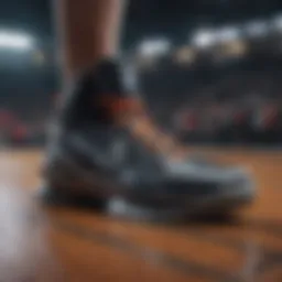 A close-up view of high-performance basketball shoes showcasing their traction pattern.