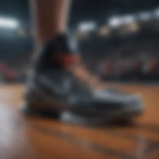 A close-up view of high-performance basketball shoes showcasing their traction pattern.
