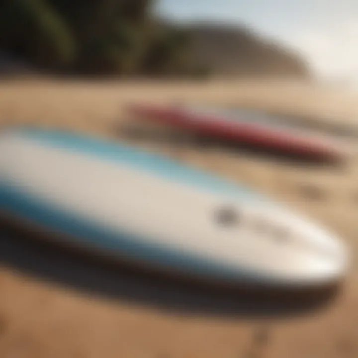 A pristine coastline showcasing surfboards lined up on the sand