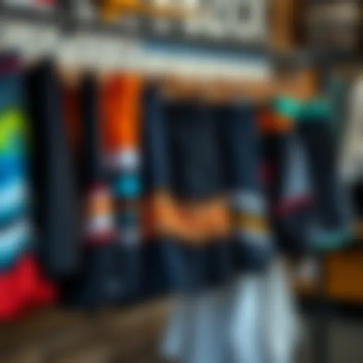 Diverse styles of board shorts hanging on a rack