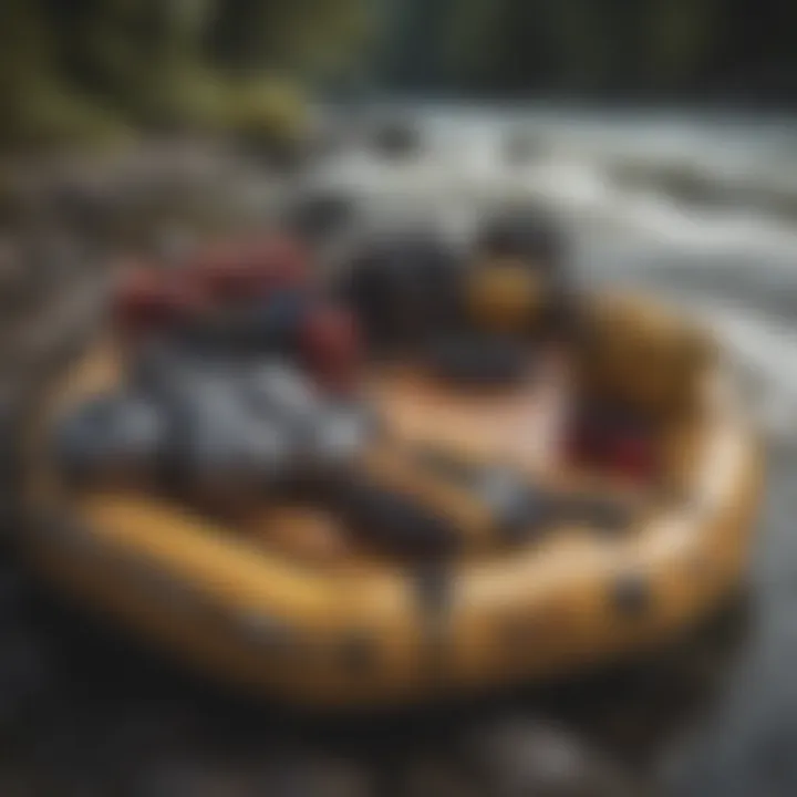 Rafting gear neatly arranged on a raft before an adventure.