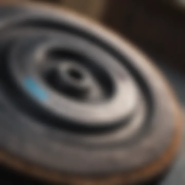 Close-up view of wheel materials and textures