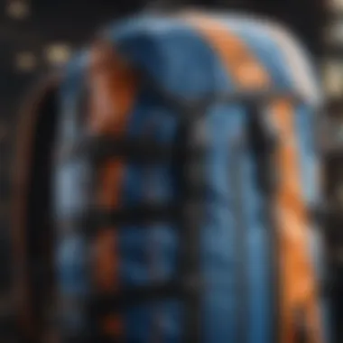 Close-up of the material and stitching of a blue and orange backpack, highlighting durability and quality for extreme sports enthusiasts.