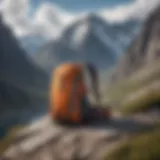 A vibrant blue and orange backpack set against a rugged mountain backdrop, showcasing its design and functionality in extreme sports.