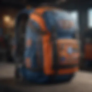 Expressing Individuality Through Gear A personalized blue and orange backpack adorned with patches and stickers, representing individual identity and expression in extreme sports.