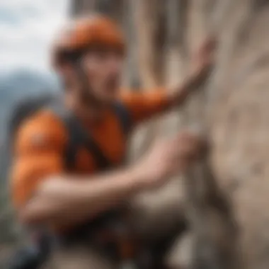 Rock climber demonstrating focused breath techniques on a cliff