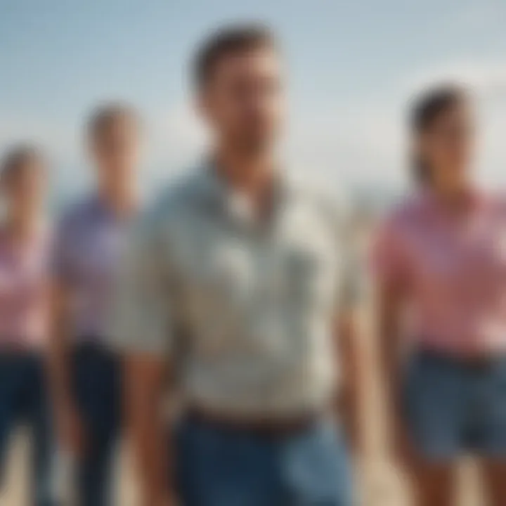 Group of extreme sports enthusiasts wearing colorful button-ups at a beach