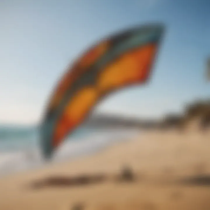 A diverse range of Cabrinha kites displayed on a sandy shore.