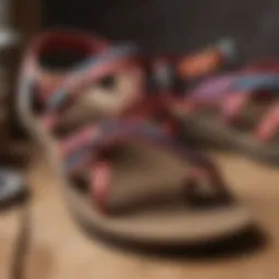Close-up of Chaco sandals featuring intricate straps and vibrant colors, illustrating their design.
