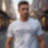 A close-up view of the champion white t-shirt against an urban backdrop