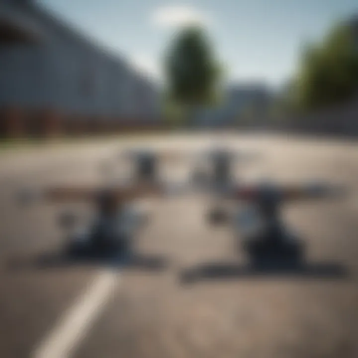 Close-up of skateboard trucks mounted on a deck