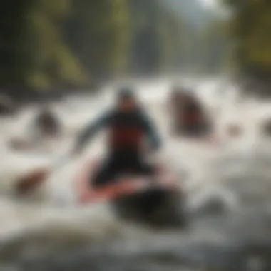 A group of athletes navigating through intense whitewater