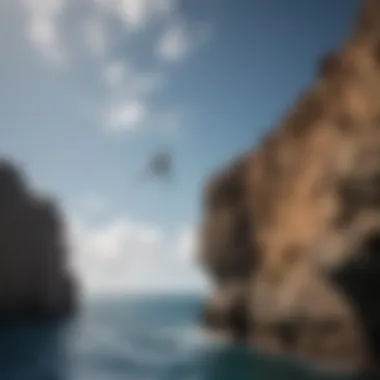 A diver poised at the edge of a cliff, preparing to leap into the ocean