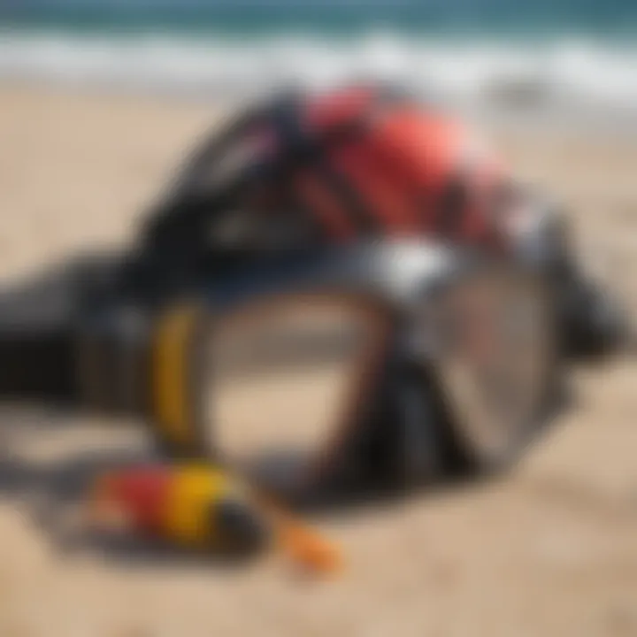 Safety equipment laid out on the beach, emphasizing preparation for cliff diving