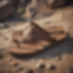 Cobian leather flip flops on a rocky beach