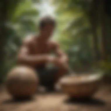 Artisan Crafting with Coconut Palm Local artisan crafting a traditional item from coconut palm materials