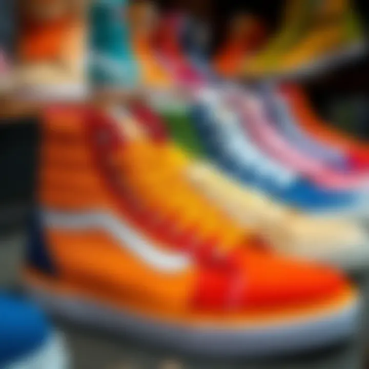 A vibrant display of Color Block Vans High Top sneakers showcasing diverse color combinations.