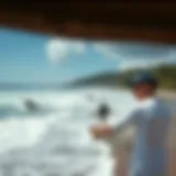 Scenic beach view with surfers catching waves