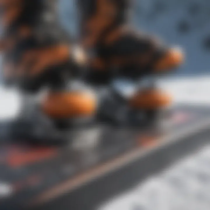 Close-up of snowboard bindings attached to a board