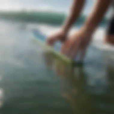 Surfer gripping surfboard with weed grip tape