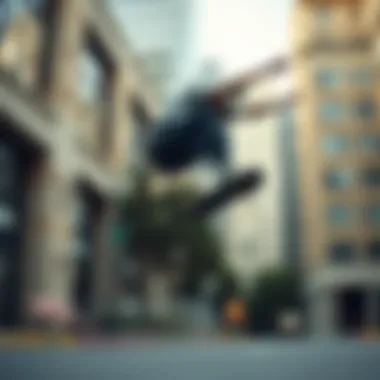 Mastering Tricks in Urban Landscapes A skateboarder executing a trick mid-air in an urban environment
