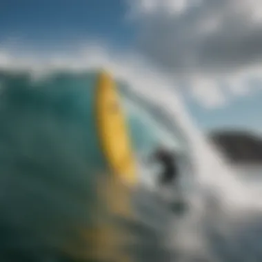 A surfboard riding a massive wave