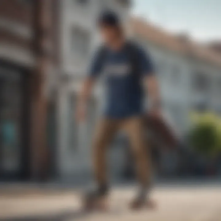 Skateboarder with a cross body bag during an urban skate session.