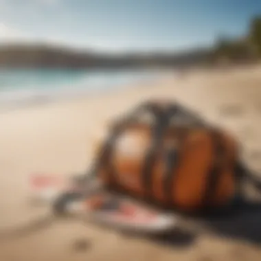 Cross Body Bag Next to Surfboard Dynamic view of a surfboard with a cross body bag on the beach.