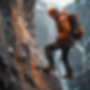 Rock climber scaling a rugged cliff in cooler temperatures