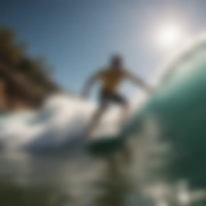 Surfer riding a wave under a bright sun