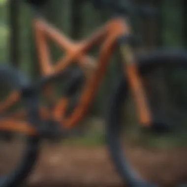 Detailed view of a full suspension mountain bike frame showcasing geometry